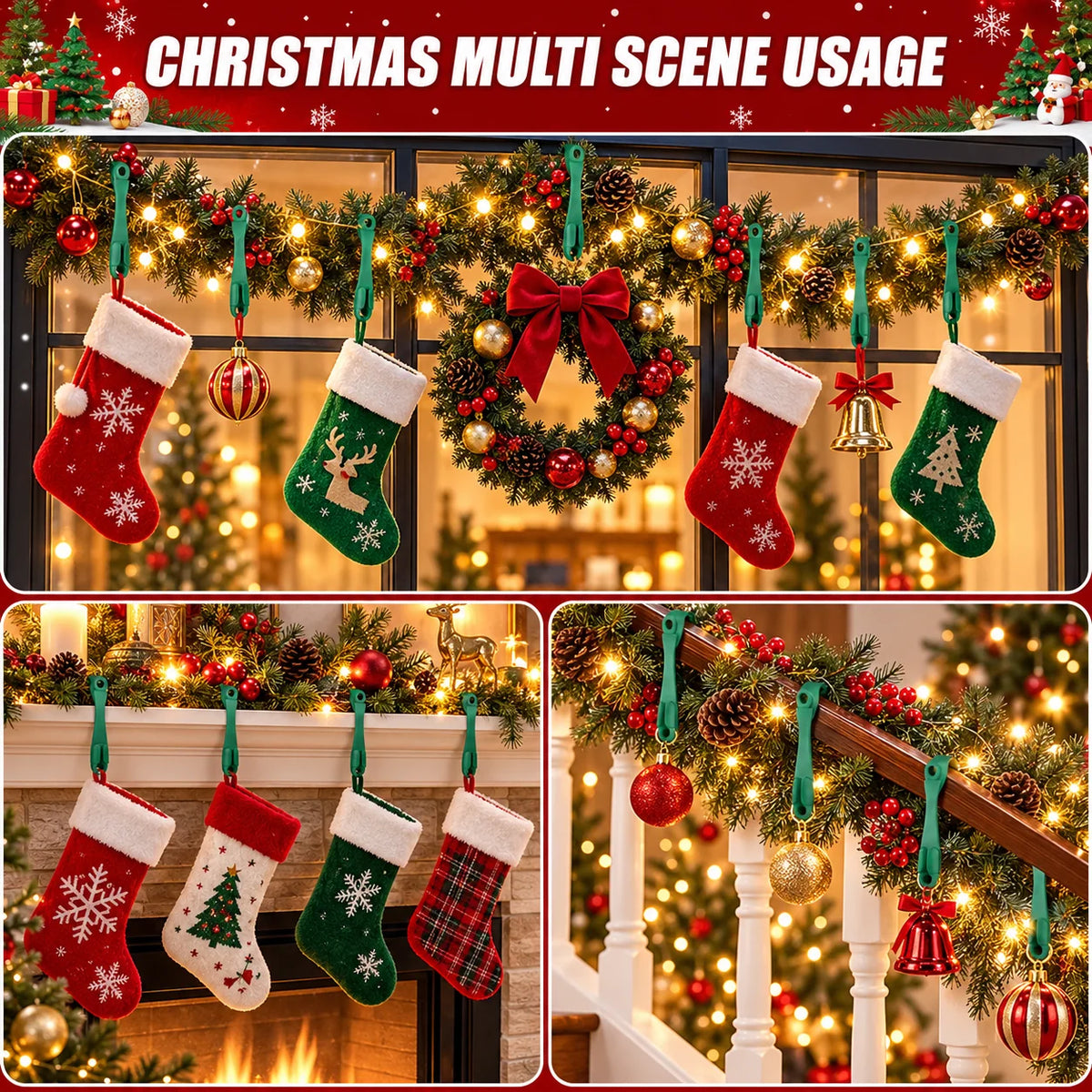 🎅🎄12/24 Pack Reusable Silicone Adhesive Christmas Garland Hooks 7.87"