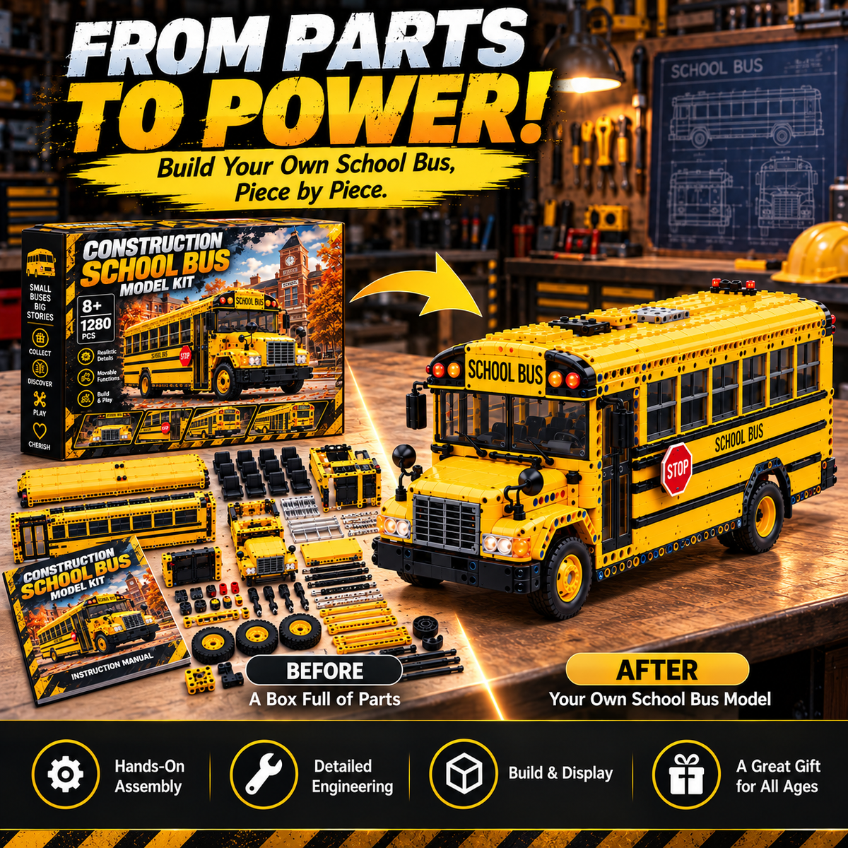 🚌 Build Your Own School Bus! 🔧Construction Model Kit