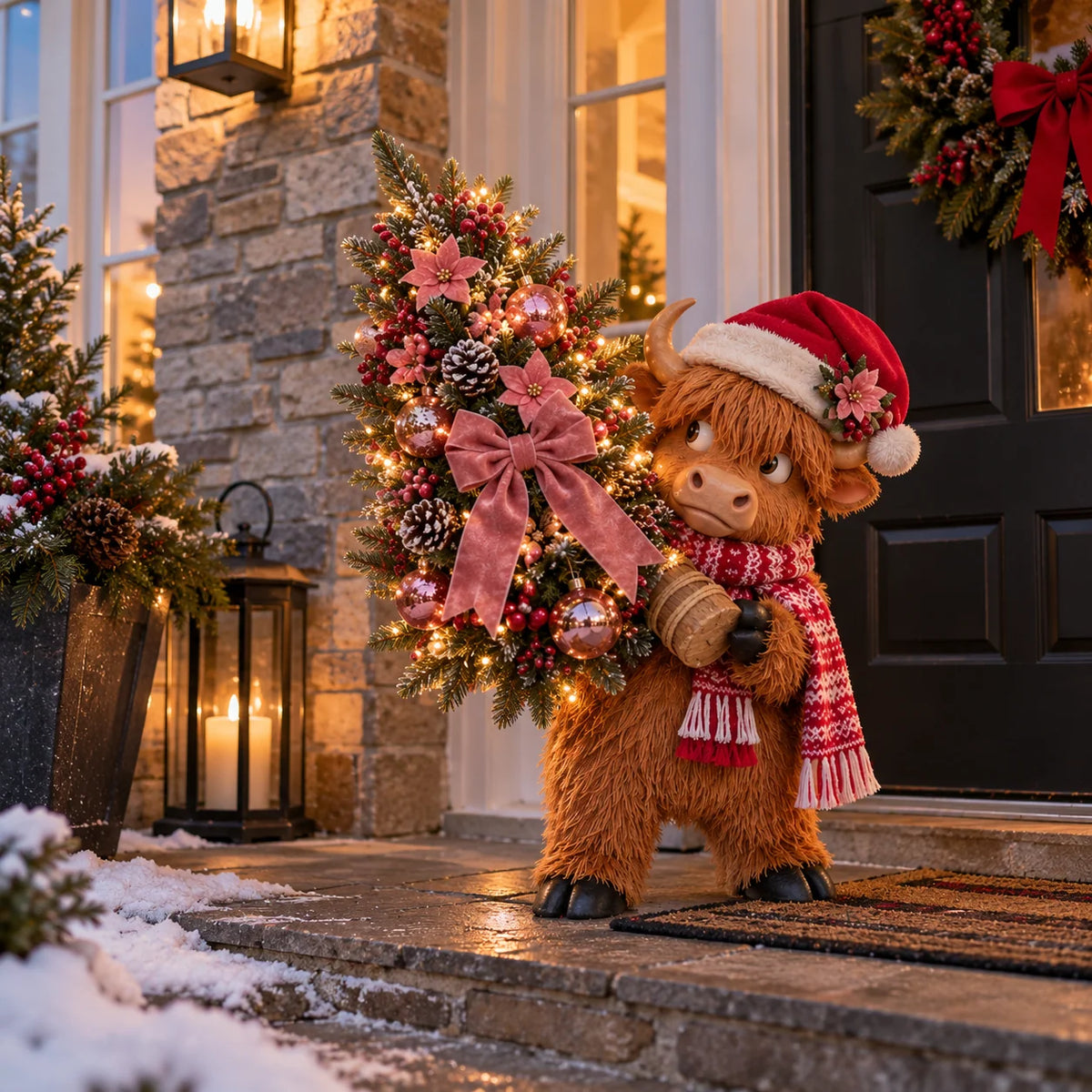 🎄🐮 Pinkmas Tree Bandit™ – Funny Lighted Highland Cow Carrying a Sparkling Pink Christmas Tree, Whimsical Holiday Porch Decor 🎀✨