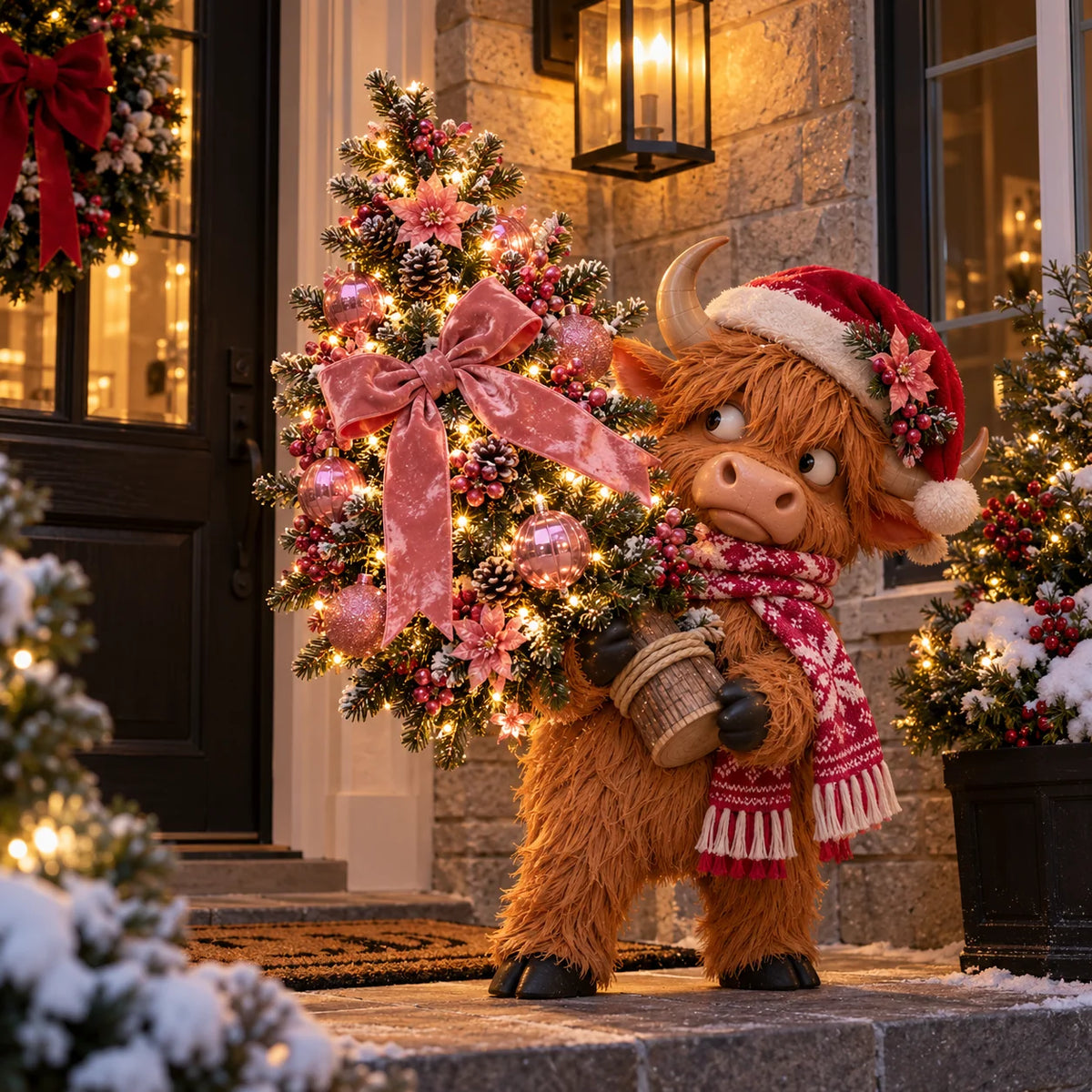 🎄🐮 Pinkmas Tree Bandit™ – Funny Lighted Highland Cow Carrying a Sparkling Pink Christmas Tree, Whimsical Holiday Porch Decor 🎀✨