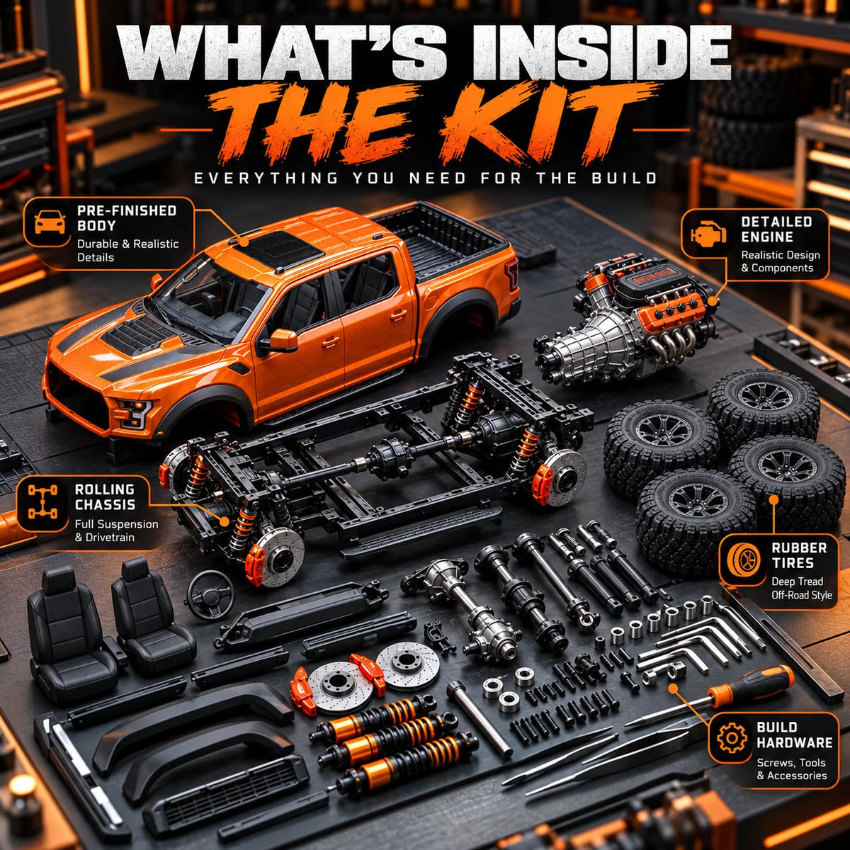 🛻 DIY Off-Road Pickup Truck Model Kit - Orange Mechanical Assembly 🏆