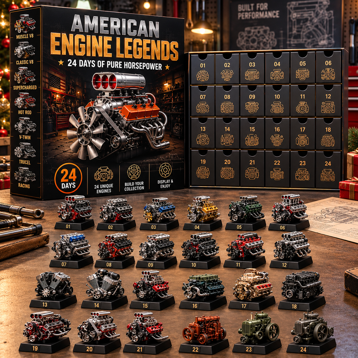 🏎️ American Engine Legends – 24 Days of Pure Horsepower Advent Calendar 🎄 | Mini Engine Collection for Car Lovers
