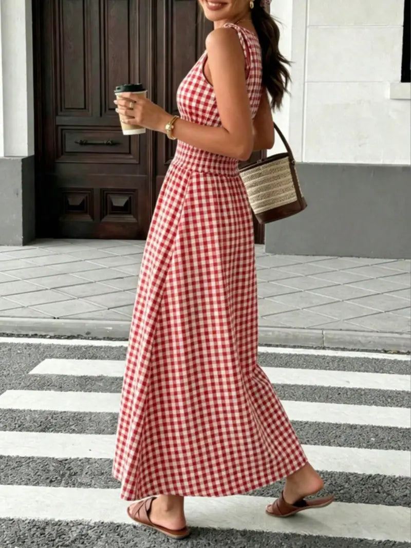 Women's Plaid Tie-Shoulder Maxi Dress | Sleeveless Elastic Summer Casual Dress