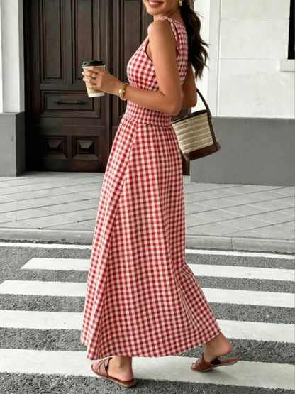 Women's Plaid Tie-Shoulder Maxi Dress | Sleeveless Elastic Summer Casual Dress