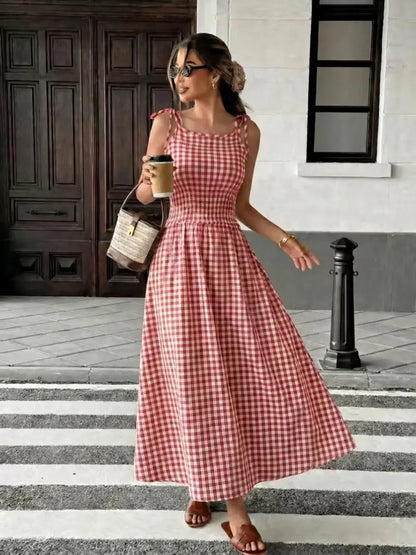 Women's Plaid Tie-Shoulder Maxi Dress | Sleeveless Elastic Summer Casual Dress