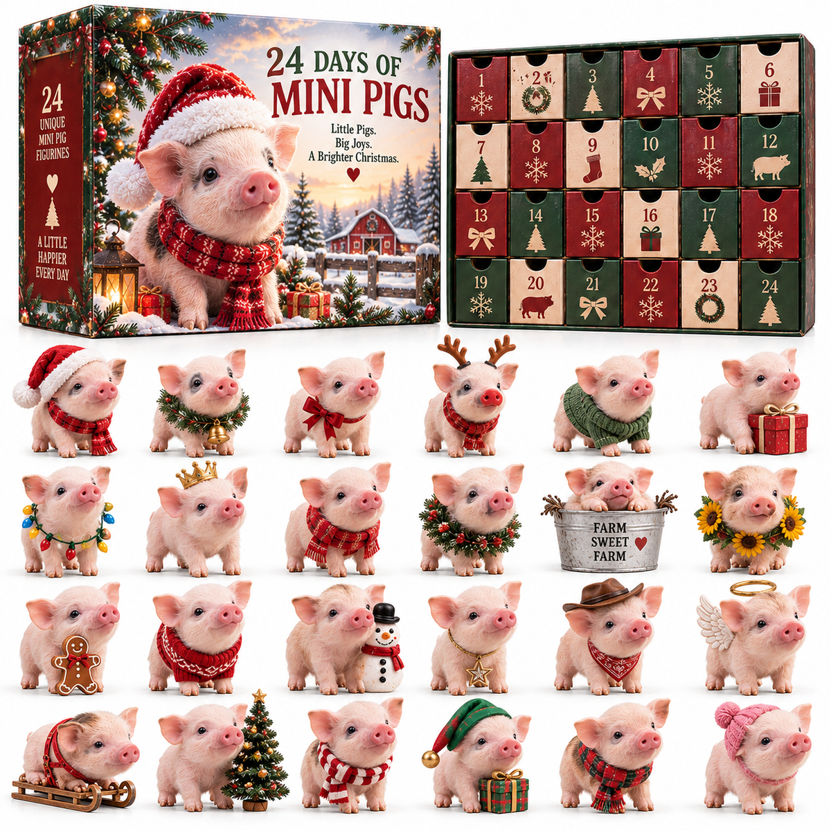 🐷 24 Days of Mini Pigs Advent Calendar – Pink & Spotted Pig Collections, 24 Unique Realistic Piglet Figurines, Christmas Gift for Pig Lovers