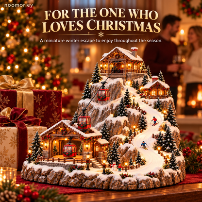 Animated Christmas Mountain Cable Car & Ski Village Scene
