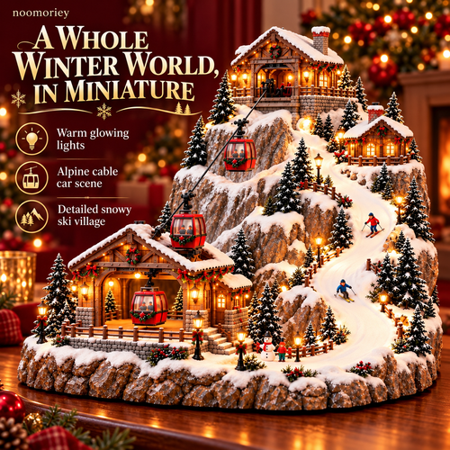 Animated Christmas Mountain Cable Car & Ski Village Scene