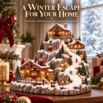 Animated Christmas Mountain Cable Car & Ski Village Scene