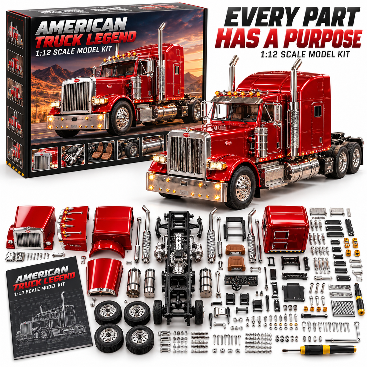 🚛 🎁Candy Apple Red American Truck Model Kit – Build Your Own Classic Semi Truck