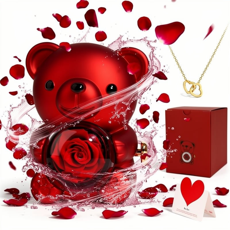 Preserved Rose Teddy Bear Gift Box with Heart Necklace