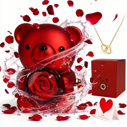 Preserved Rose Teddy Bear Gift Box with Heart Necklace
