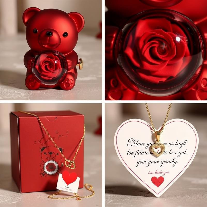 Preserved Rose Teddy Bear Gift Box with Heart Necklace