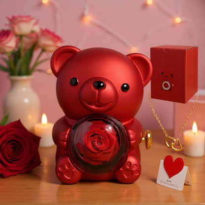 Preserved Rose Teddy Bear Gift Box with Heart Necklace