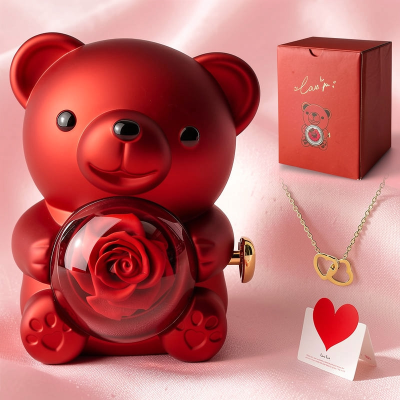 Preserved Rose Teddy Bear Gift Box with Heart Necklace