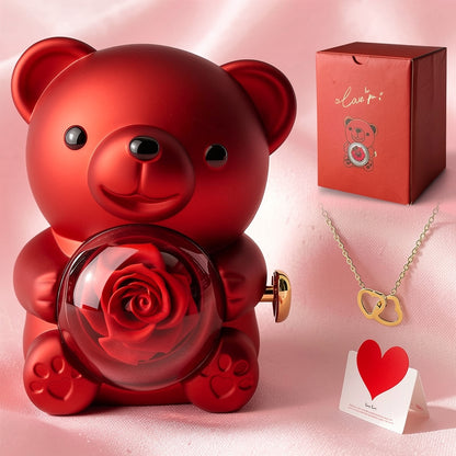 Preserved Rose Teddy Bear Gift Box with Heart Necklace