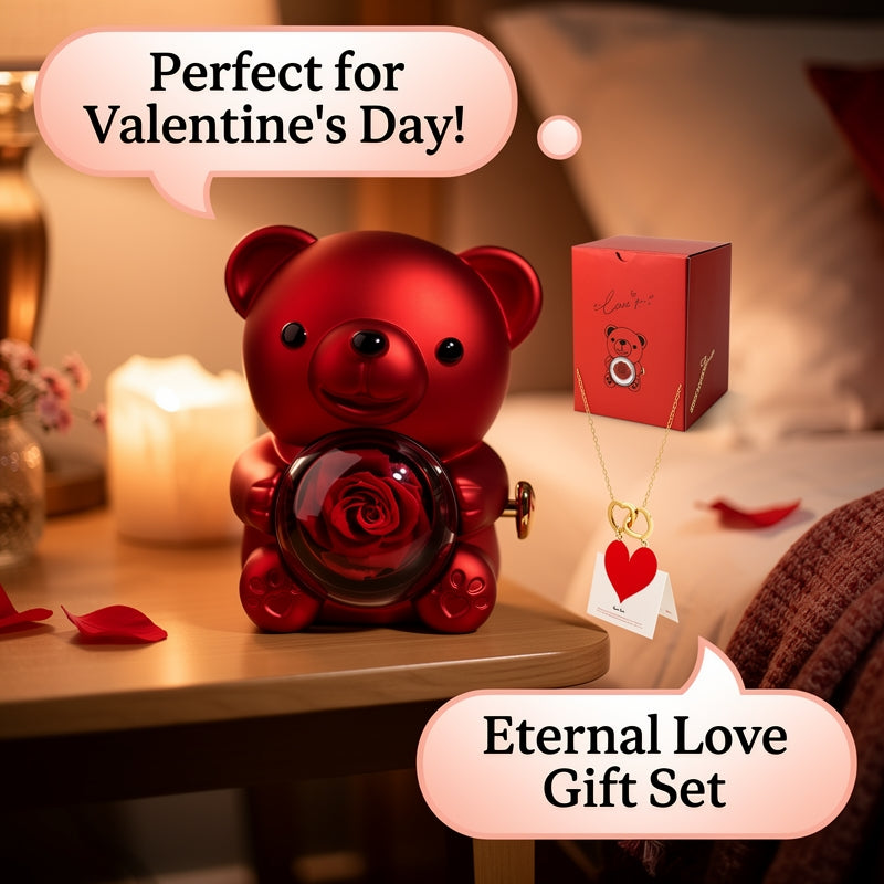Preserved Rose Teddy Bear Gift Box with Heart Necklace