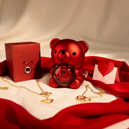 Preserved Rose Teddy Bear Gift Box with Heart Necklace