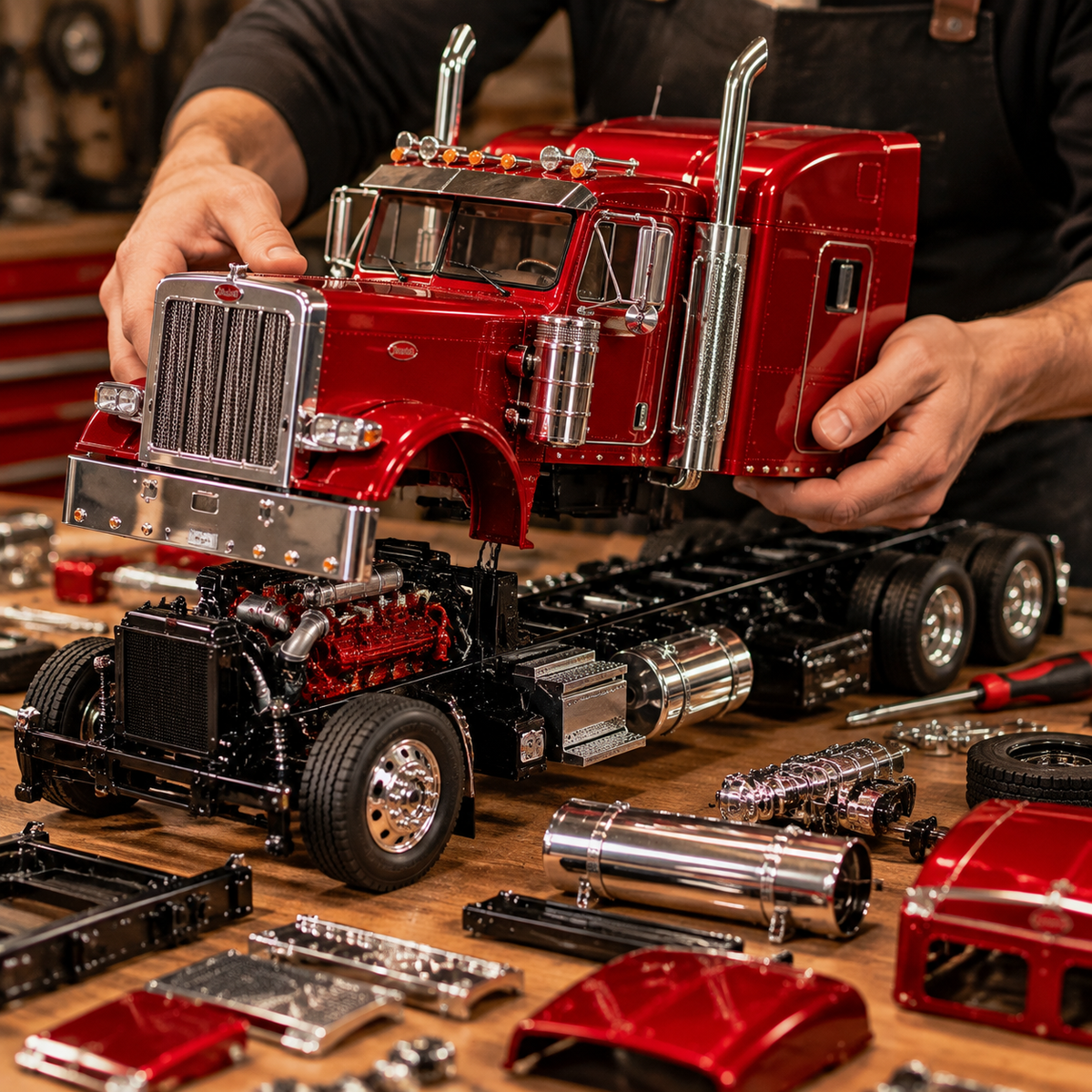 🔥LAST DAY 60%🚛 Candy Apple Red American Truck Model Kit – Build Your Own Classic Semi Truck