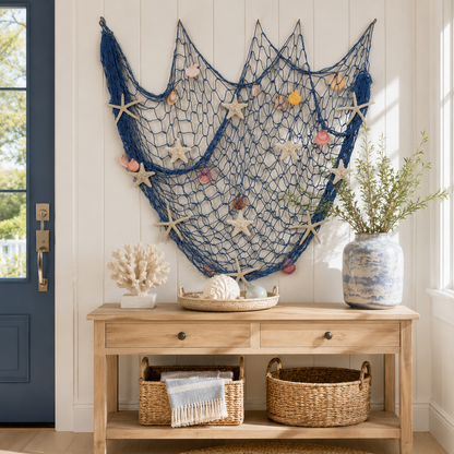 🌊✨Coastal Fishing Net Wall Decor with Starfish & Warm LED Lights