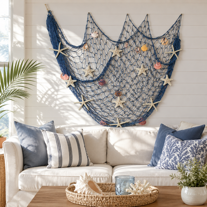 🌊✨Coastal Fishing Net Wall Decor with Starfish & Warm LED Lights