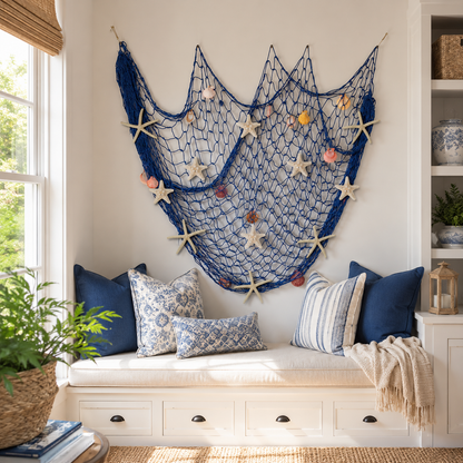 🌊✨Coastal Fishing Net Wall Decor with Starfish & Warm LED Lights