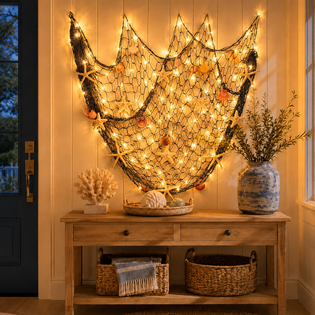 🌊✨Coastal Fishing Net Wall Decor with Starfish & Warm LED Lights