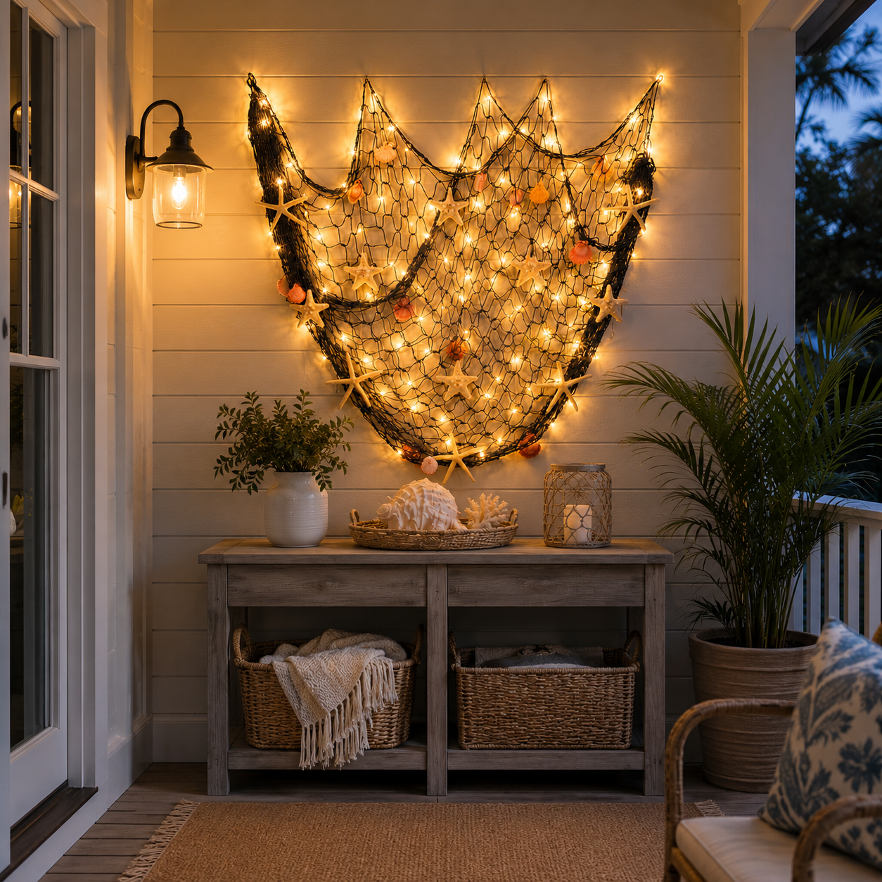 🌊✨Coastal Fishing Net Wall Decor with Starfish & Warm LED Lights
