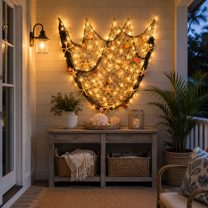 🌊✨Coastal Fishing Net Wall Decor with Starfish & Warm LED Lights