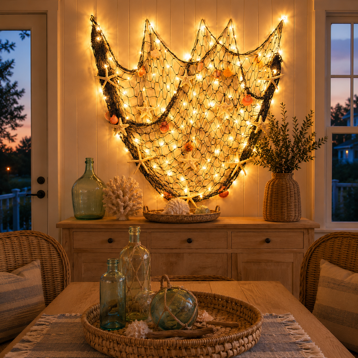 🌊✨Coastal Fishing Net Wall Decor with Starfish & Warm LED Lights