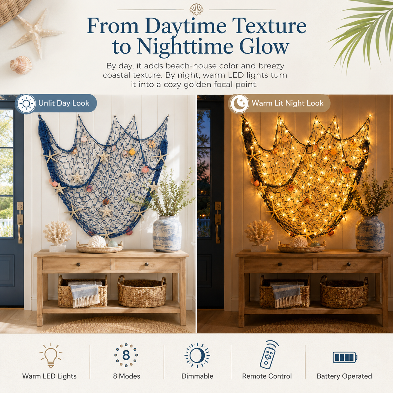 🌊✨Coastal Fishing Net Wall Decor with Starfish & Warm LED Lights