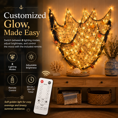 🌊✨Coastal Fishing Net Wall Decor with Starfish & Warm LED Lights