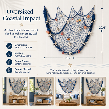 🌊✨Coastal Fishing Net Wall Decor with Starfish & Warm LED Lights
