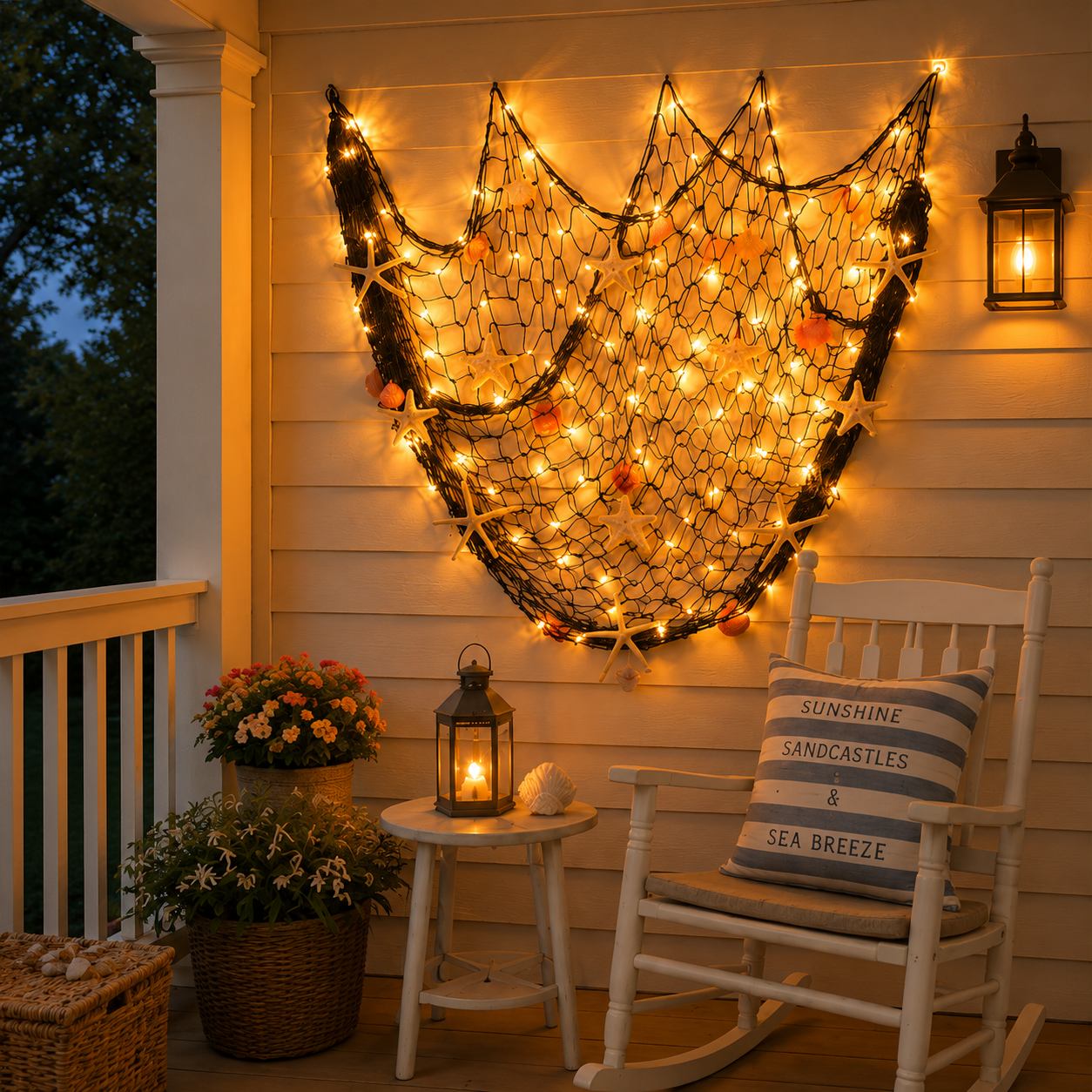 🌊✨Coastal Fishing Net Wall Decor with Starfish & Warm LED Lights