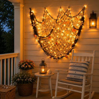 🌊✨Coastal Fishing Net Wall Decor with Starfish & Warm LED Lights