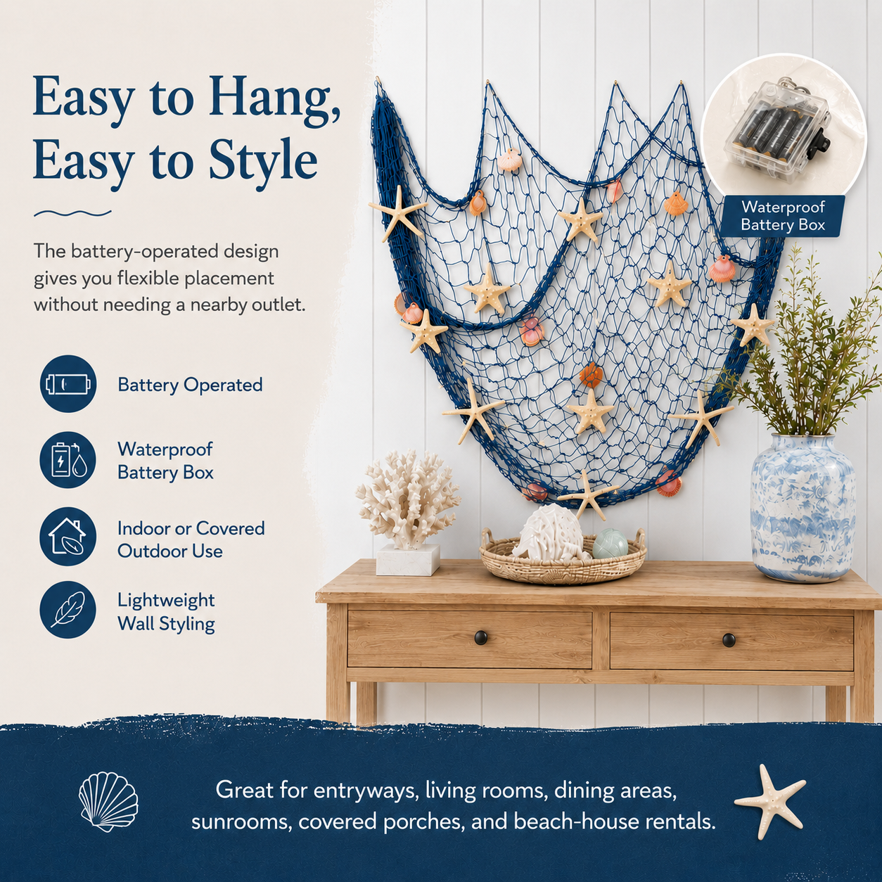 🌊✨Coastal Fishing Net Wall Decor with Starfish & Warm LED Lights