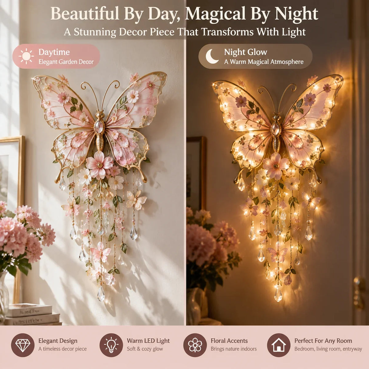 🦋 Butterfly Garden Glow™ – Romantic Floral Wall Light with Warm Ambient Illumination & Crystal Accents