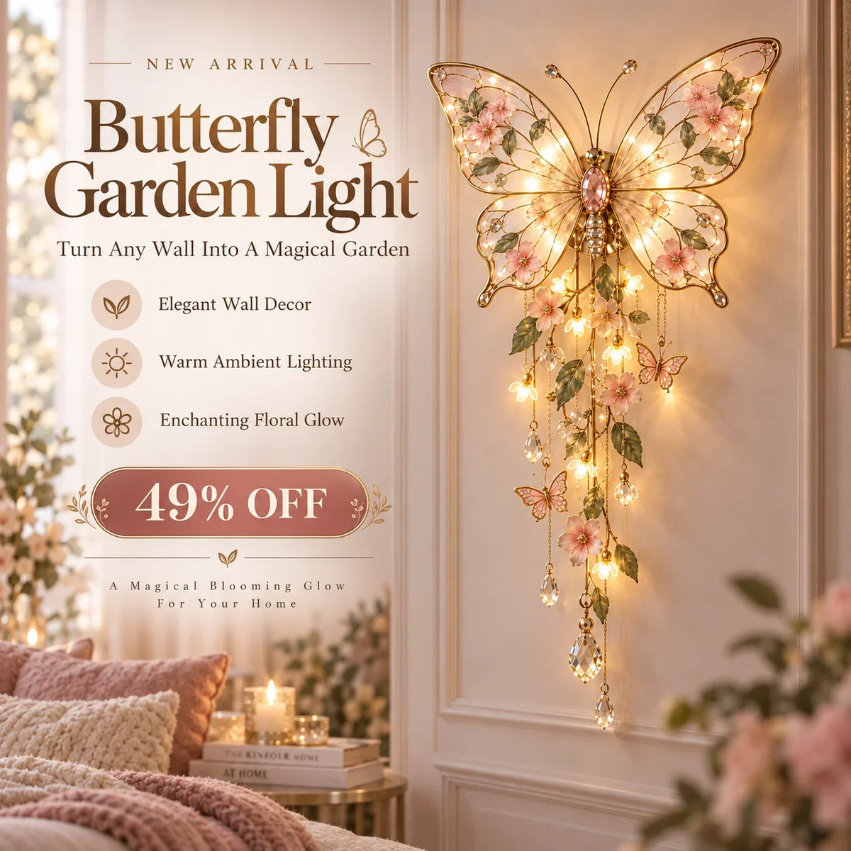 🦋 Butterfly Garden Glow™ – Romantic Floral Wall Light with Warm Ambient Illumination & Crystal Accents