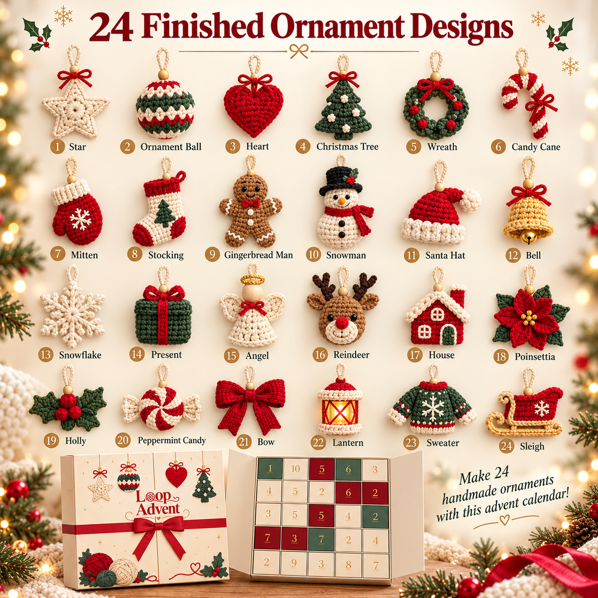 🔥🧶24-Day Crochet Christmas Advent Calendar™ – 24 Surprise DIY Ornament Kits to Make & Hang✨