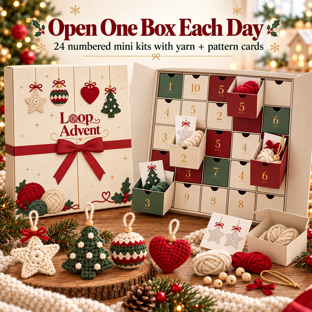 🔥🧶24-Day Crochet Christmas Advent Calendar™ – 24 Surprise DIY Ornament Kits to Make & Hang✨