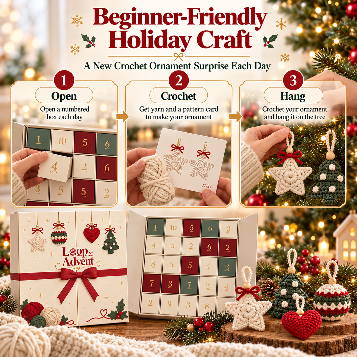 🔥🧶24-Day Crochet Christmas Advent Calendar™ – 24 Surprise DIY Ornament Kits to Make & Hang✨