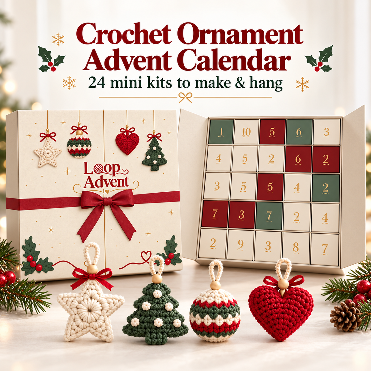 🔥🧶24-Day Crochet Christmas Advent Calendar™ – 24 Surprise DIY Ornament Kits to Make & Hang✨