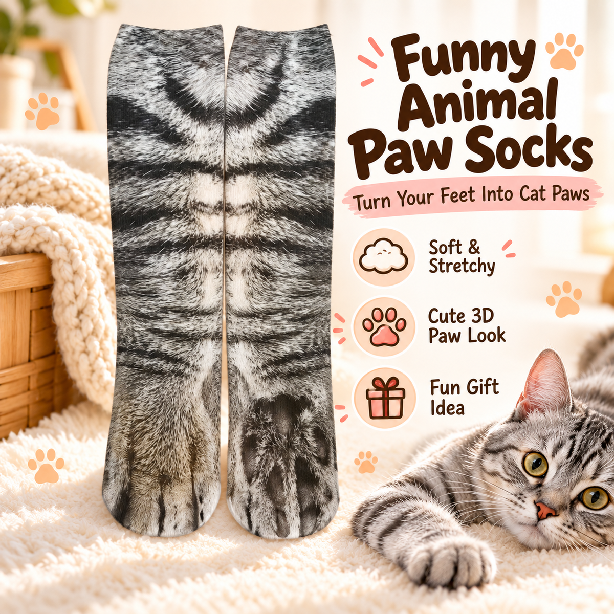 🐾 Funny Animal Paw Socks – Realistic Cat Paw Novelty Socks 🐱