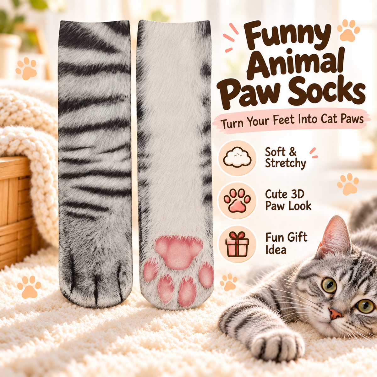 🐾 Funny Animal Paw Socks – Realistic Cat Paw Novelty Socks 🐱