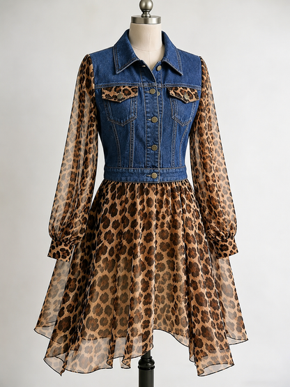 Milan Denim Bodice Leopard Dress