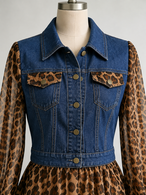 Milan Denim Bodice Leopard Dress