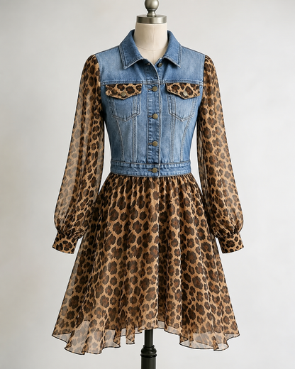 Milan Denim Bodice Leopard Dress