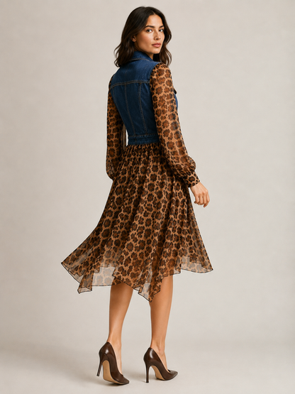 Milan Denim Bodice Leopard Dress