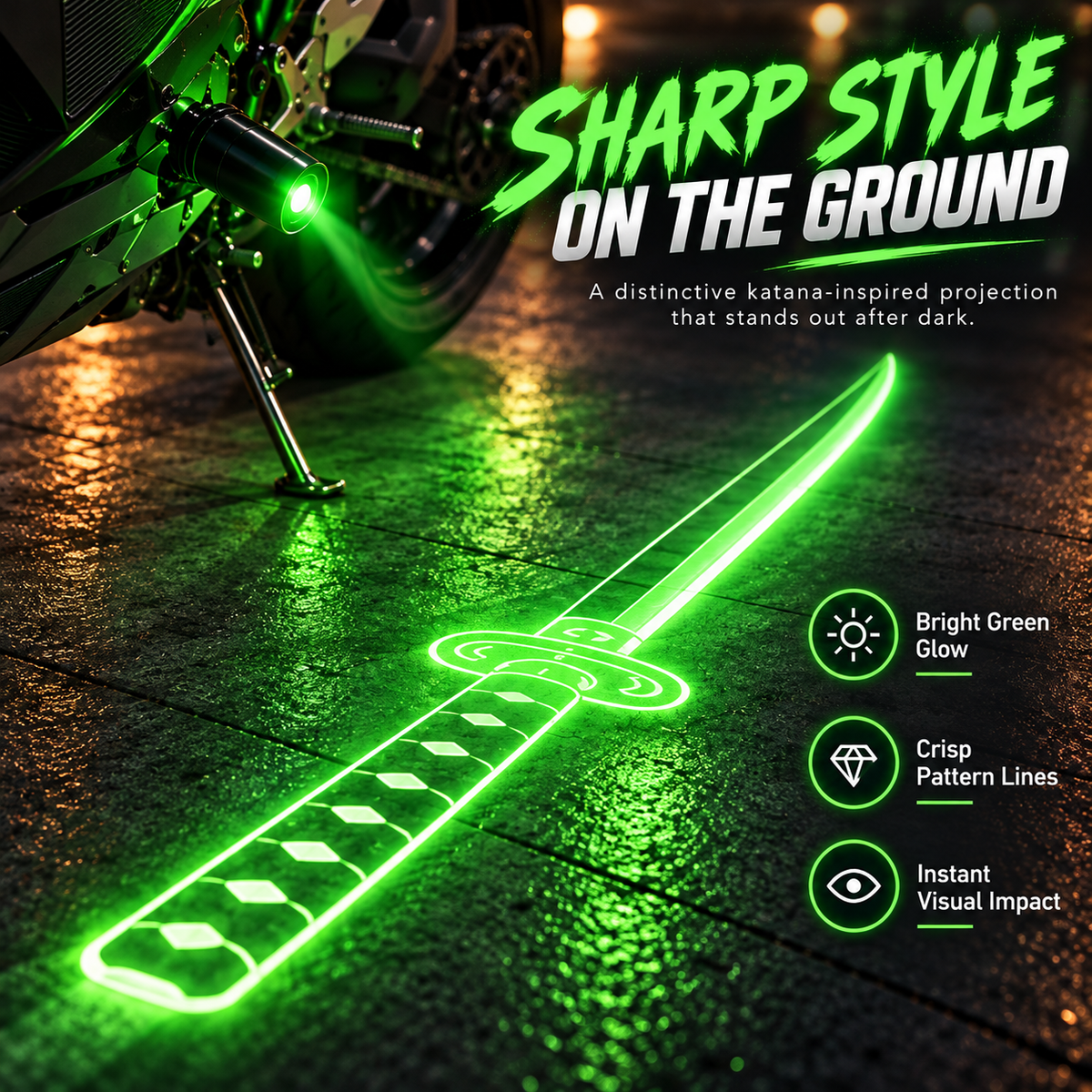 ⚔️ Neon Katana Motorcycle Ground Projection Light – Eye-Catching LED Sword Effect for Night Riders