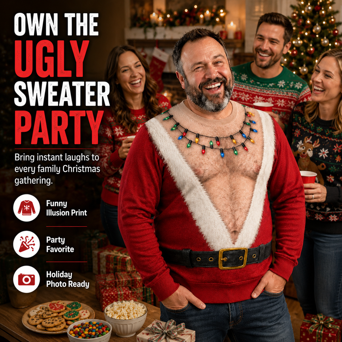 Men’s Hairy Chest Santa Ugly Christmas Sweater – Funny Holiday Party Costume & Contest Showstopper
